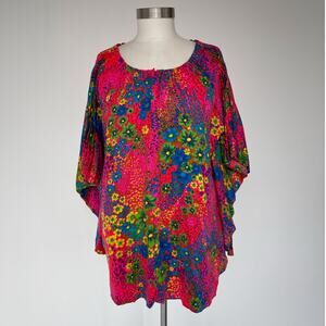 Vtg 70s Neon Dayglo Floral Accordion Poncho Top / Hippie Boho Handmade Retro
